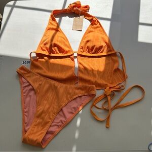 Samiol Large Orange V-Neck Tie Front Tankini Set
